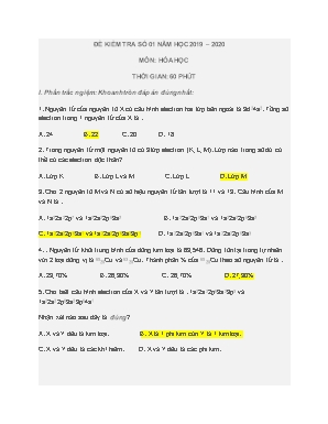 Đề kiểm tra số 1 môn Hóa học Lớp 10 - Năm học 2019-2020 (Kèm đáp án)